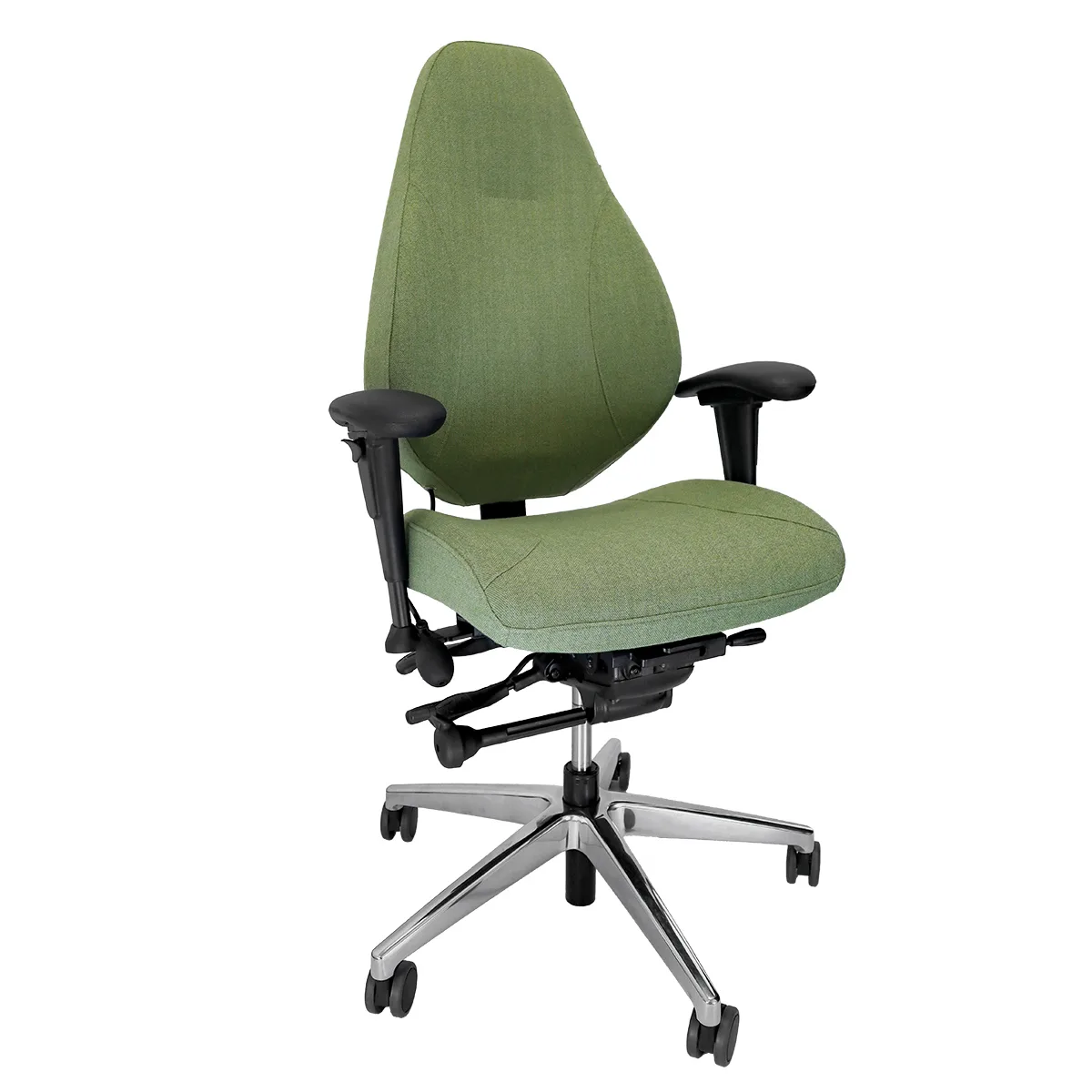 10e8bf40c7342ae84e25edd3b9a4477c3fa53118_siege_boreal_EE_vert_3.4_72dpi_RVB.jpg Siège de bureau ergonomique Boréal d'Azergo en tissu vert avec dossier baquet enveloppant, soutien lombaire réglable, accoudoirs noirs et piètement chromé sur roulettes.