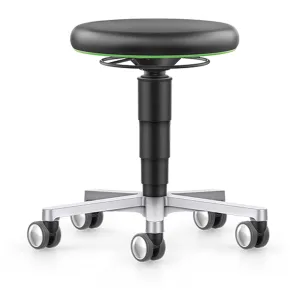 Tabouret ergonomique Labour noir avec assise ronde, réglage en hauteur et roulettes pour atelier ou laboratoire