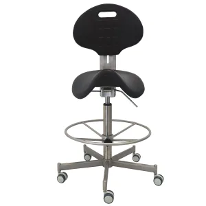 Siège inox ergonomique Sellinox avec assise type selle de cheval et roulettes pour postes assis-debout en milieu agroalimentaire