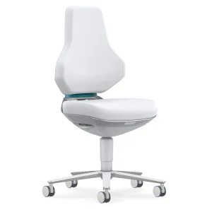 Siège Texon blanc pour salle blanche et environnement industriel, assise ergonomique avec dossier blanc, base sur roulettes et revêtement hygiénique haute résistance.