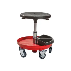 Tabouret Sigma azergo à assise noire et base rouge, avec compartiment de rangement intégré et roulettes, vu de profil sur fond blanc