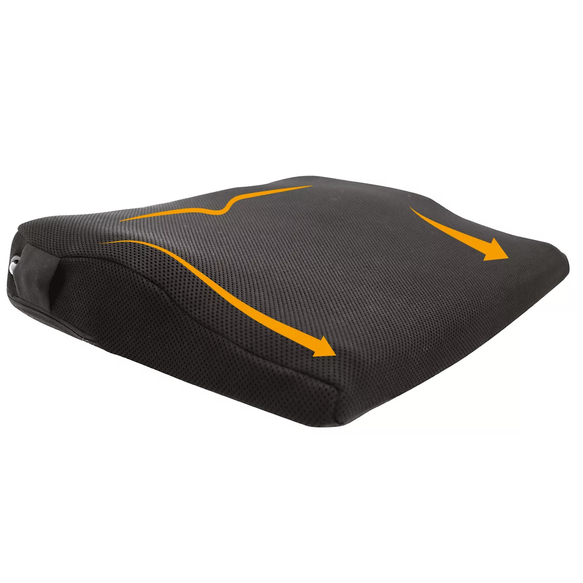 Coussin d'assise Airtech noir avec indication de la forme ergonomique inclinée vers l'avant