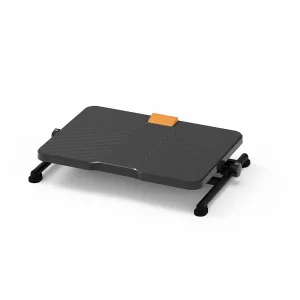 Repose-pieds ergonomique RPE250 noir en position basse, avec plateau antidérapant texturé et bouton central de réglage accessible au pied, conçu pour améliorer la posture au poste de travail.