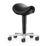 Tabouret ergonomique Selle ESD noir avec assise en forme de selle, hauteur réglable et roulettes antistatiques pour salle blanche.