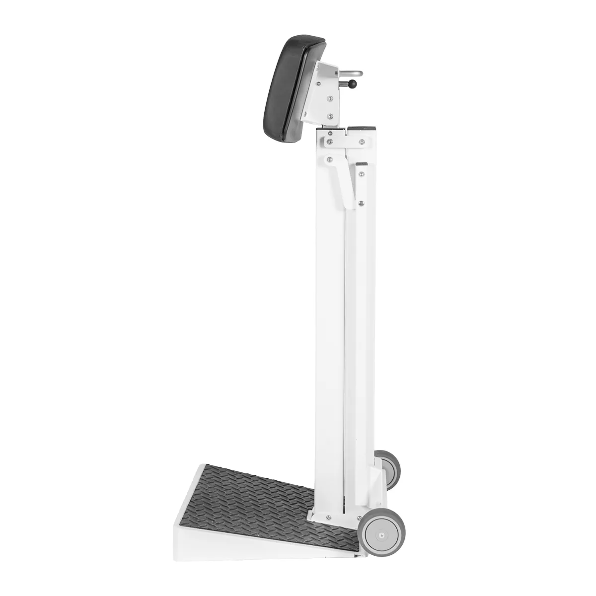 15e9a068daae9d89b08a986f0d8334d1f85222e3_Appui_debout_AMUP_replie_noir_RVB_72dpi.jpg Appui-debout ergonomique AMUP blanc vue de face avec appui dorsal en bois, structure escamotable sur roulettes et plateforme antidérapante