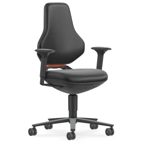 Siège ergonomique Texon pour environnement industriel et salle blanche, assise rembourrée noire avec accoudoirs réglables et roulettes.