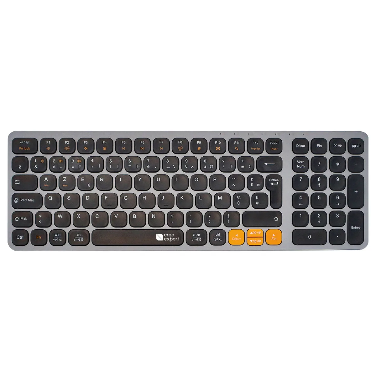 Clavier ergonomique X-Per multi-connexions standard vue de face : disposition AZERTY complète avec pavé numérique, touches concaves noires, chassis aluminium gris et touches de navigation orange