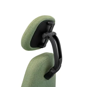 Gros plan sur l'appui-tête articulé du siège ergonomique Boréal d'Azergo en tissu vert avec son mécanisme de réglage et de fixation noir