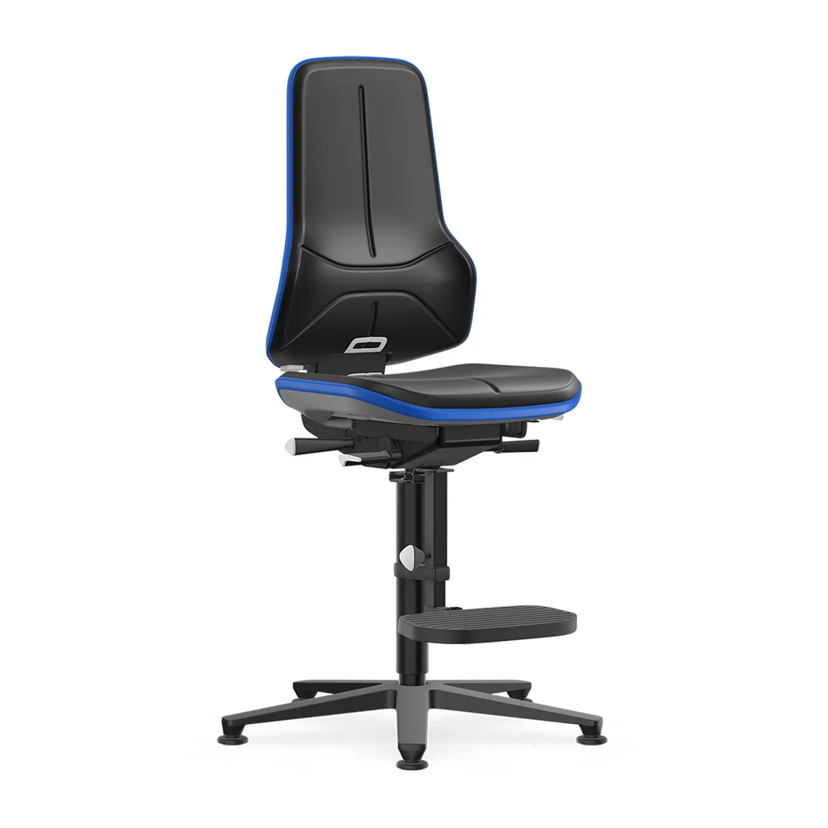d8cf56e65c2c9bf271af8dcdede38b35f2bf058b_Siege_neon_bleu_RVB_72dpi.jpg Siège d'atelier Néon noir et bleu avec repose-pieds, réglable en hauteur, pour postes industriels et laboratoire